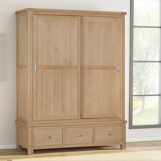 Carrington Oak Sliding Doors Large Wardrobe With 3 Drawers