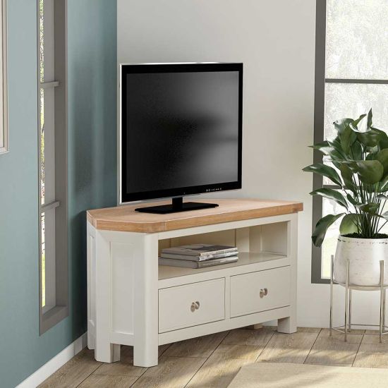 Carrington Oak Corner TV Unit with 2 Drawers Painted in Off White