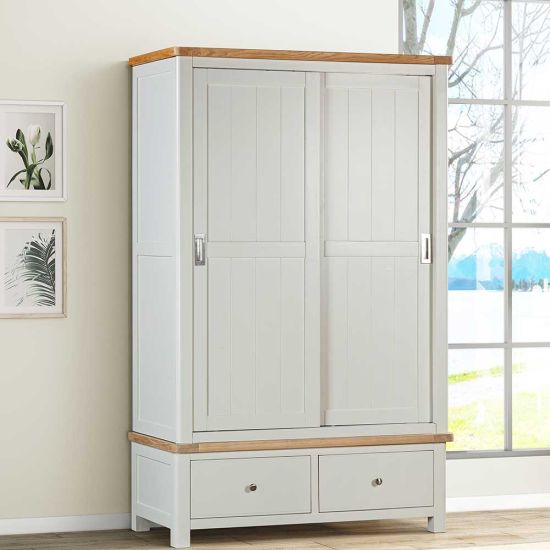 Carrington Oak Sliding Doors Double Wardrobe With 2 Drawers Painted in Off White