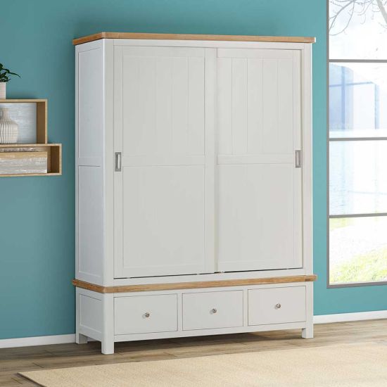 Carrington Oak Sliding Doors Large Wardrobe With 3 Drawers Painted in Off White