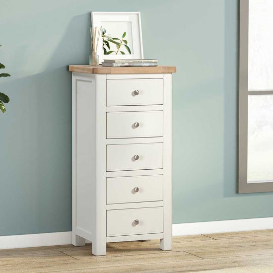 Carrington Oak 5 Drawer Narrow Chest Painted in Off White