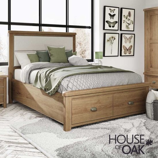 Chatsworth Oak Double Bed With Fabric Headboard and 2-Drawer Footboard