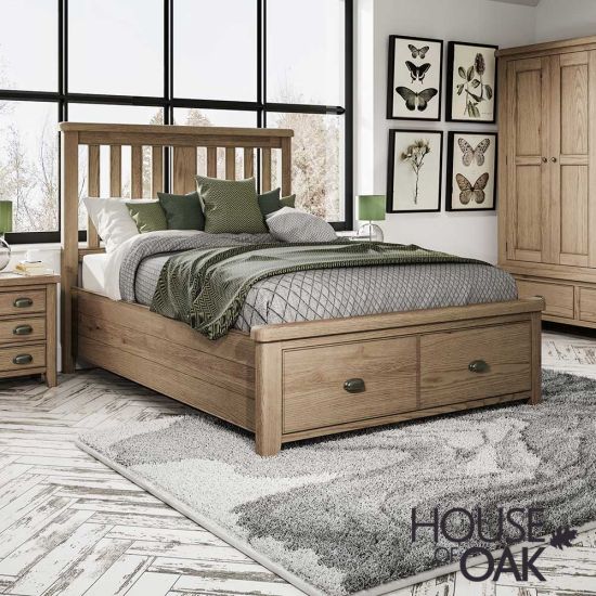 Chatsworth Oak Double Bed With Slatted Wooden Headboard and 2-Drawer Footboard