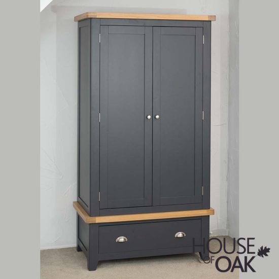 Tuscany Oak Double Wardrobe with Drawer in Dark Blue Painted