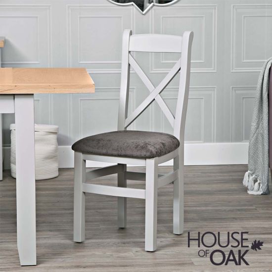 Roma Oak Cross Back Dining Chair with Fabric Seat in Grey Painted