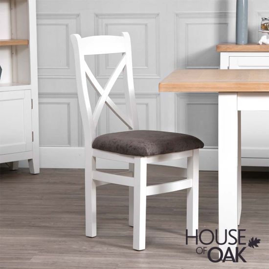 Roma Oak Cross Back Dining Chair with Fabric Seat in White Painted