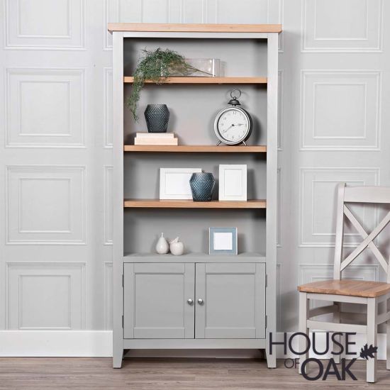 Roma Oak Large Bookcase with 2 Doors in Grey Painted