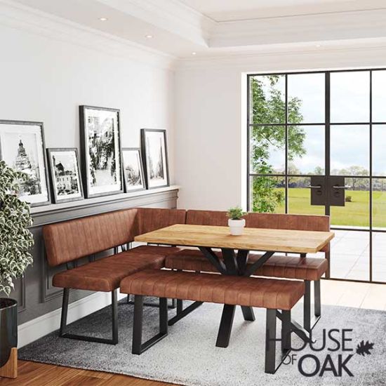 Harmony Oak Corner Set with Tan Cushion Benches Left Hand Facing