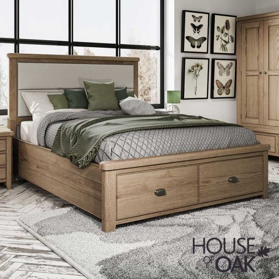 Chatsworth Oak King Size Bed With Fabric Headboard and 2-Drawer Footboard