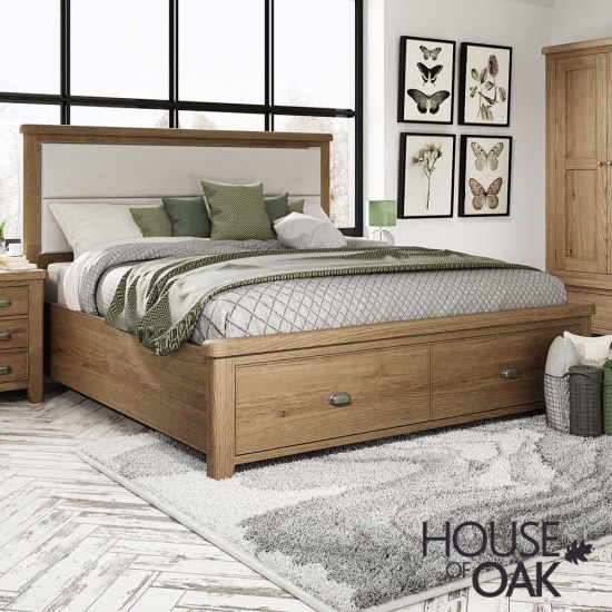 Chatsworth Oak Super King Size Bed With Fabric Headboard and 2-Drawer Footboard