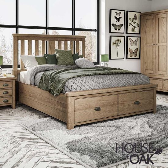 Chatsworth Oak King Size Bed With Slatted Wooden Headboard and 2 Drawer Footboard