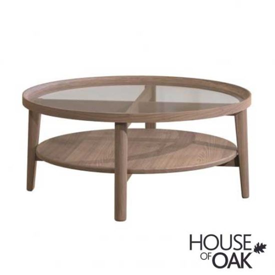 Tambour Oak Round Glass Top Coffee Table
