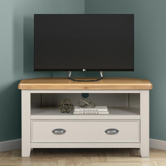 Knightsbridge Oak Corner TV Cabinet with Drawer in Grey Painted 