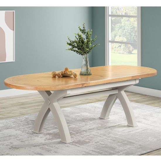 Knightsbridge Oak 176cm Oval Cross Leg Extending Dining Table in Grey Painted