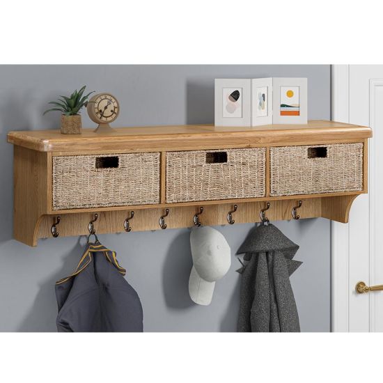 Knightsbridge Oak Wall Shelf With Hooks & Baskets