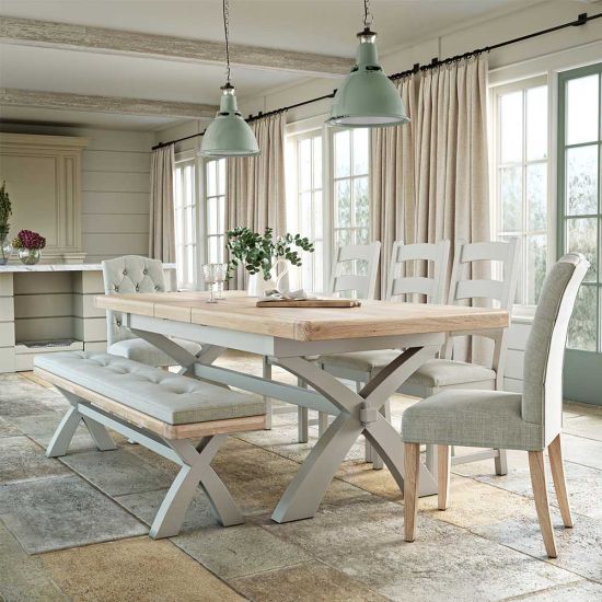 London Oak 200cm Extending to 245cm Cross Leg Extending Dining Table In Grey Painted