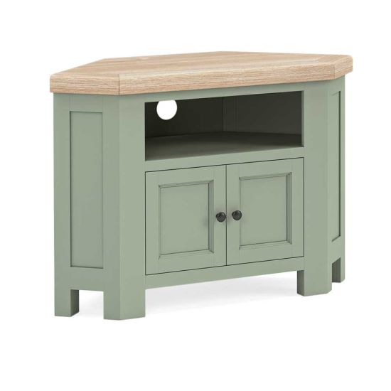 London Oak Corner TV Unit with 2 Doors in Sage Painted