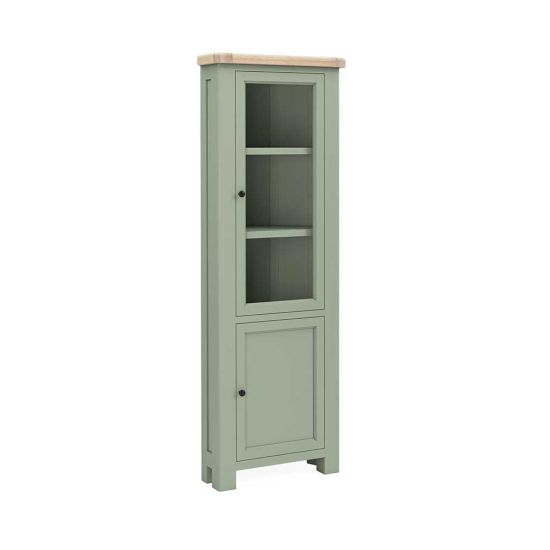 London Oak Corner Display Cabinet In Sage Painted