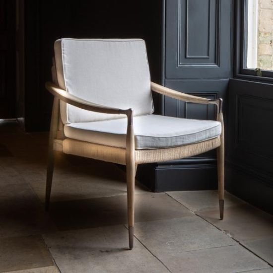 Burford Leisure Chair with Removeable Cushion in Natural Linen fabric & Grey Oiled Oak Frame