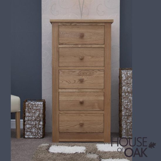 Torino Solid Oak 5 Drawer Narrow Chest