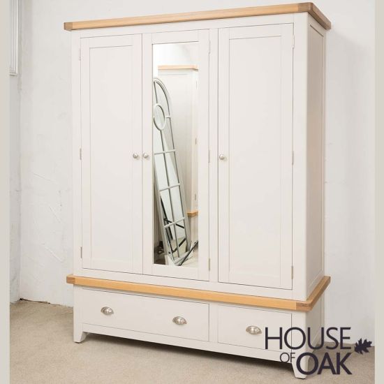 Tuscany Oak Triple Wardrobe with Drawers in Stone White Painted