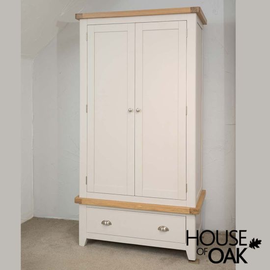 Tuscany Oak Double Wardrobe with Drawer in Stone White Painted