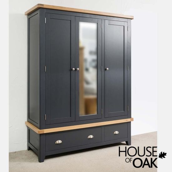 Tuscany Oak Triple Wardrobe with Drawers in Dark Blue Painted