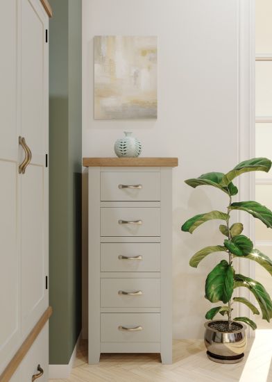 Buttermere Oak 5 Drawer Narrow Chest Painted in Moon Grey
