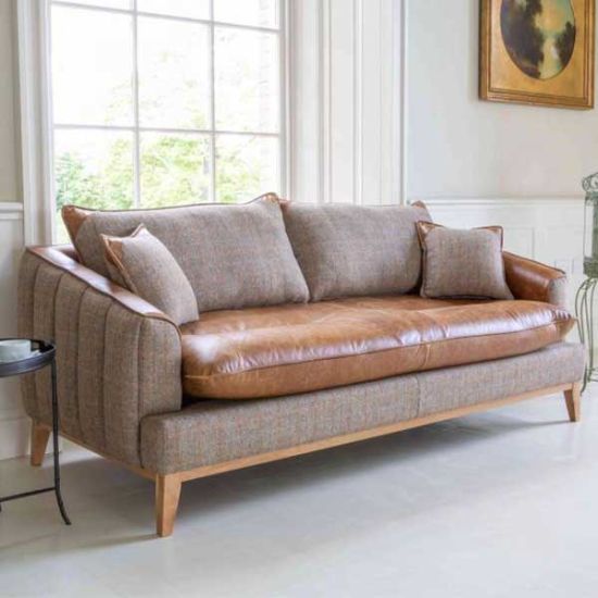 Burlington 3 Seater Sofa in Hunting Lodge Harris Tweed and Cerato Leather