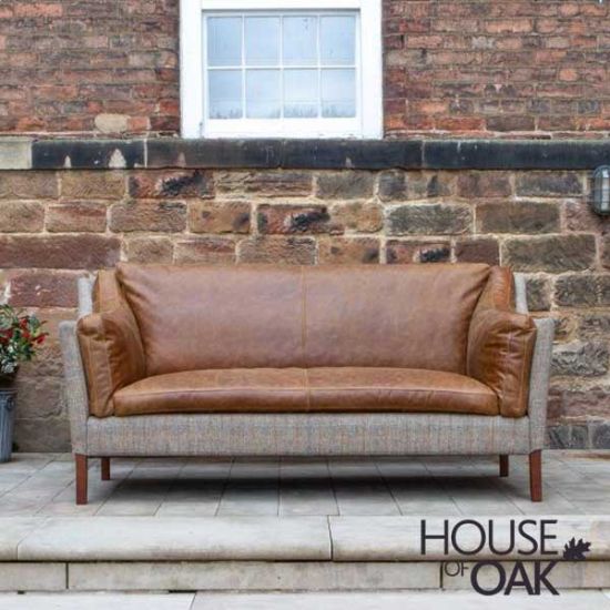 Malone Large 2 Seater in Brown Tan Leather and Hunting Lodge Harris Tweed