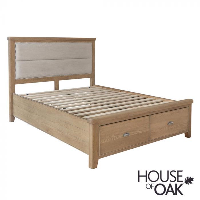 Sworth Oak King Size Bed With, Fabric Headboard And Footboard
