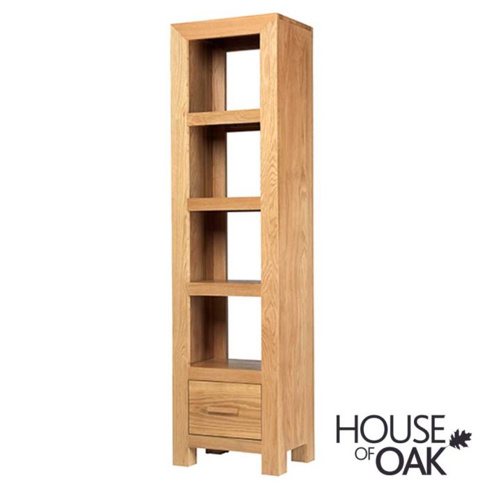 Modena Oak Slim Bookcase With Drawer, Best Tall Narrow Bookcase