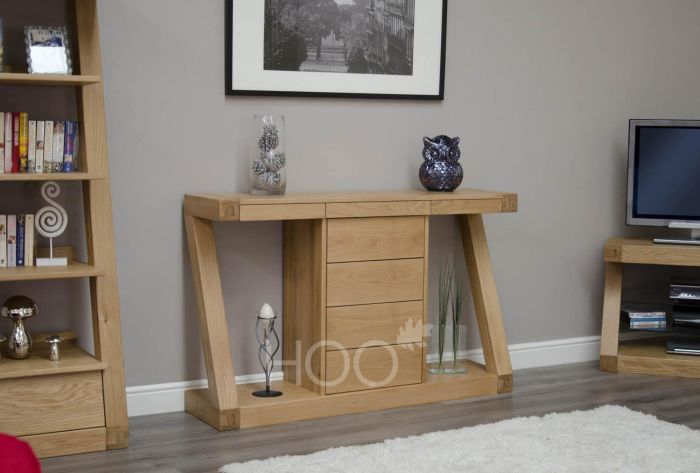 Oak console sale table with baskets