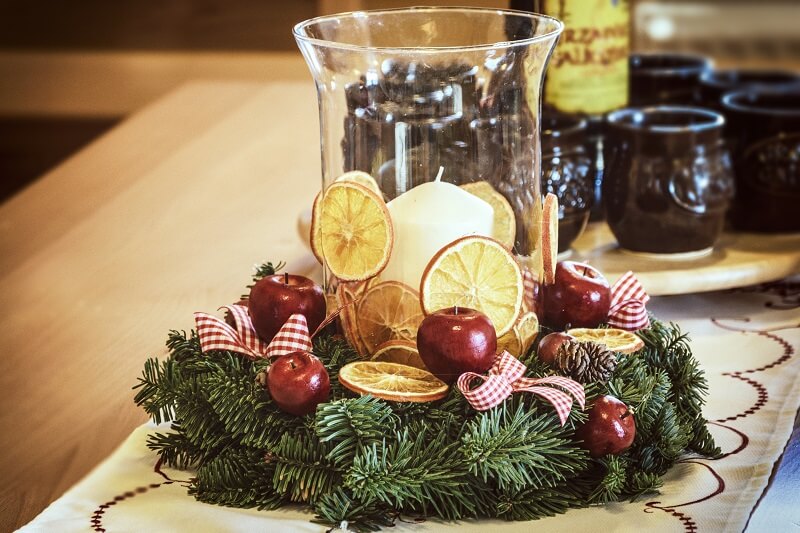 A Christmas wreath on a table