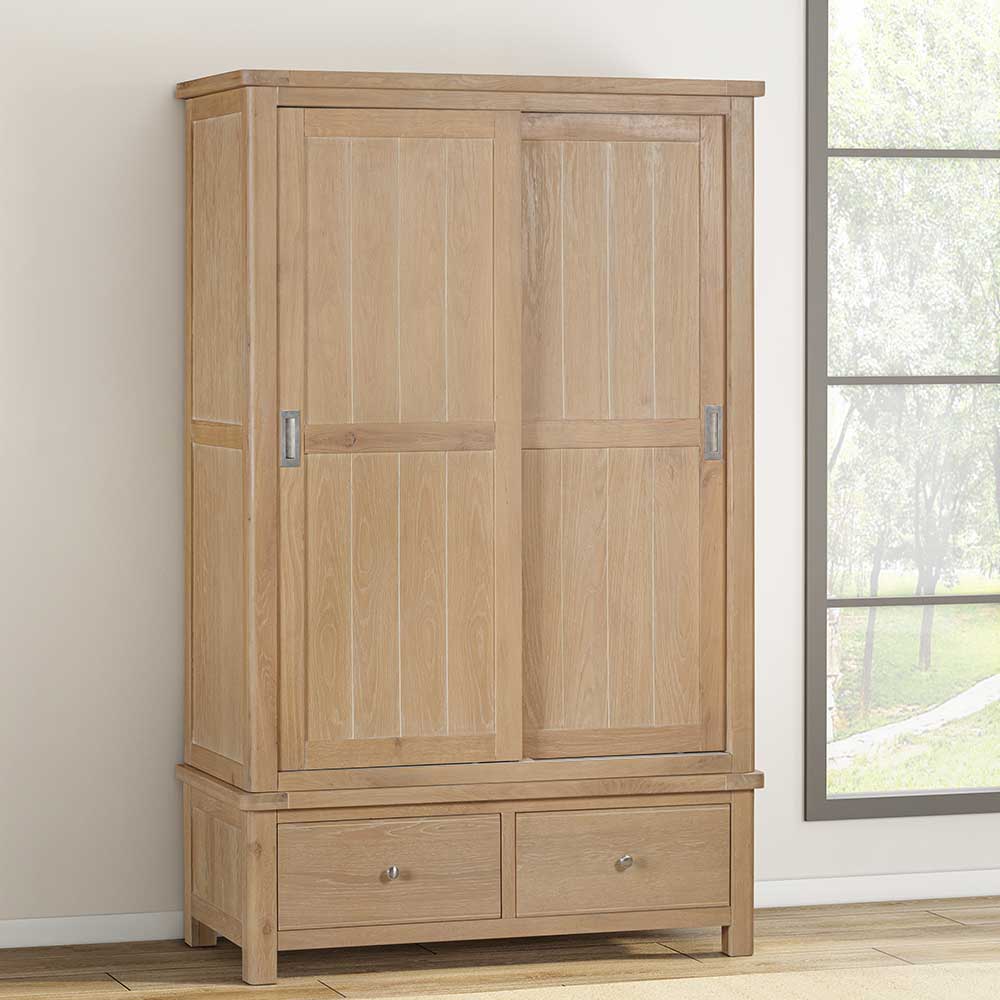 Carrington Oak Sliding Doors Double Wardrobe With 2 Drawers