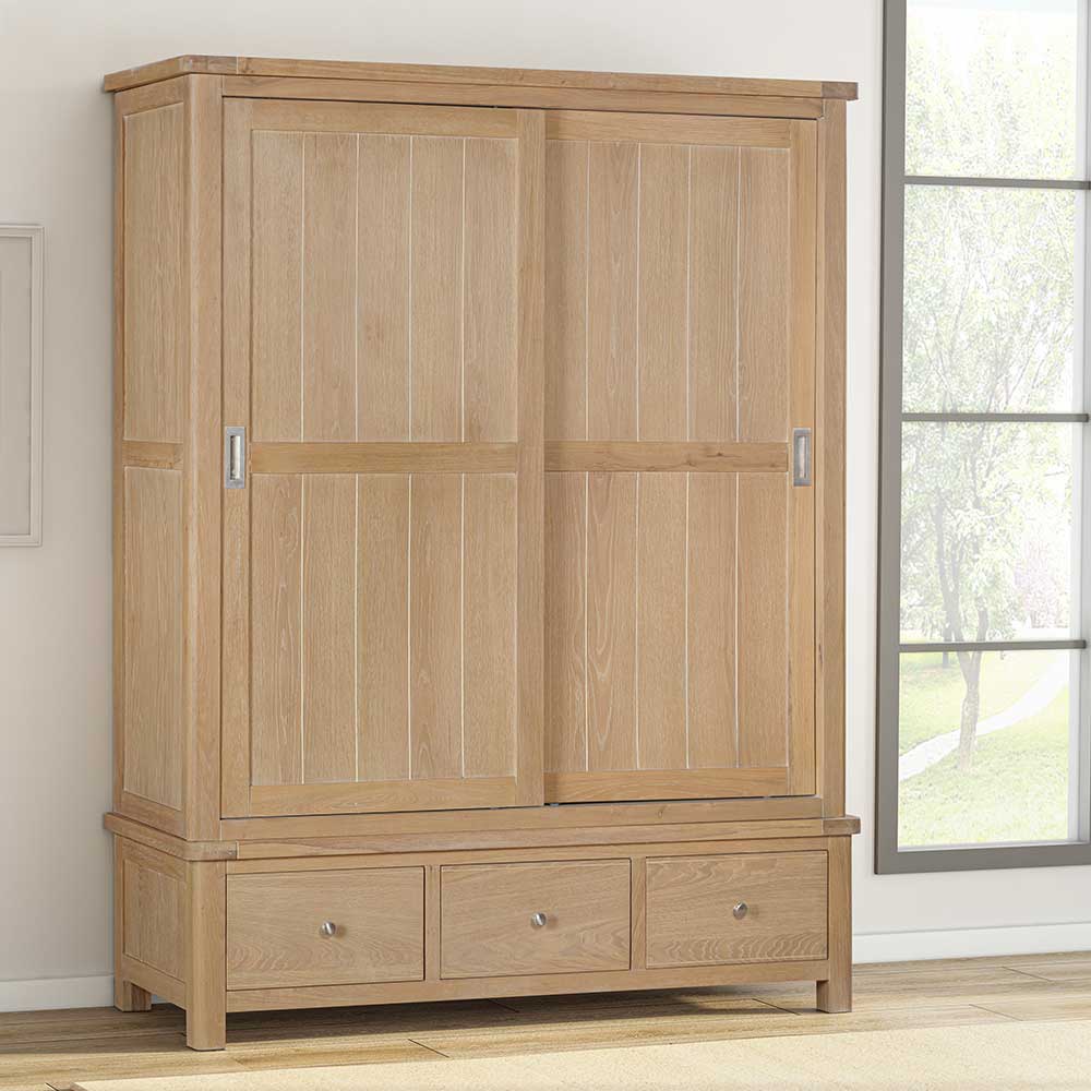 Carrington Oak Sliding Doors Large Wardrobe With 3 Drawers