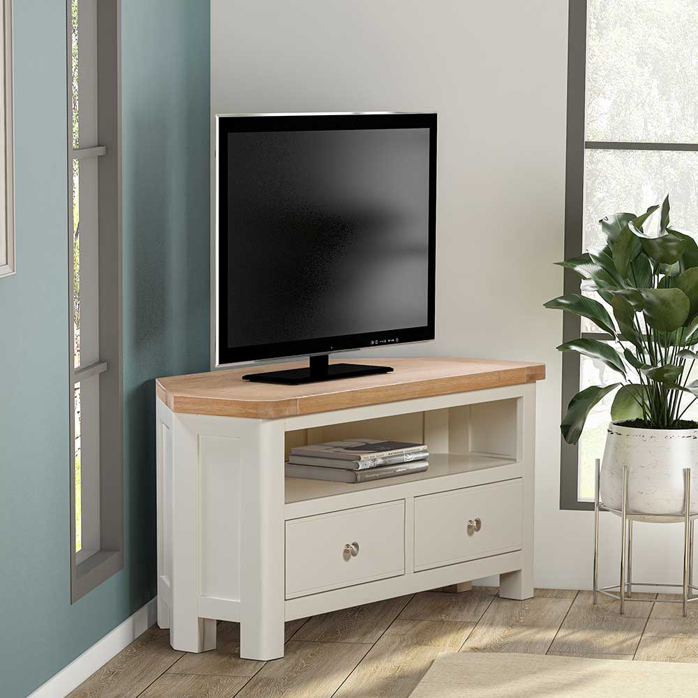 Carrington Oak Corner TV Unit with 2 Drawers Painted in Off White