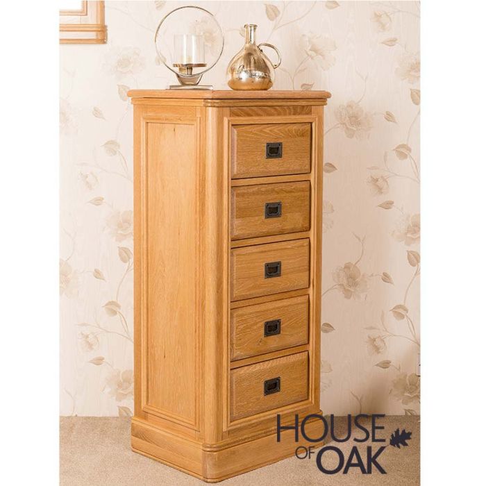Lyon Oak 5 Drawer Tall Chest Of Drawers, Tall Narrow Mirrored Dresser