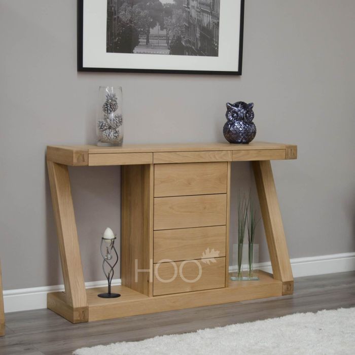 Z Oak Wide Console Table With Drawers, Narrow Oak Side Table With Drawer