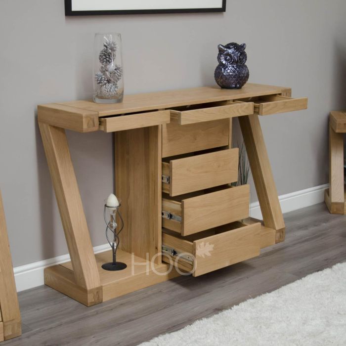 Z Oak Wide Console Table With Drawers, Narrow Oak Side Table With Drawer