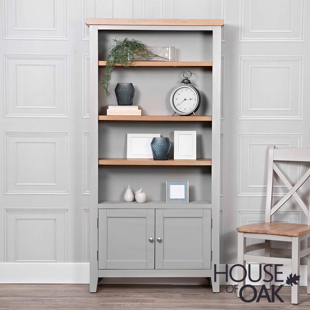 Roma Oak Large Bookcase with 2 Doors in Grey Painted