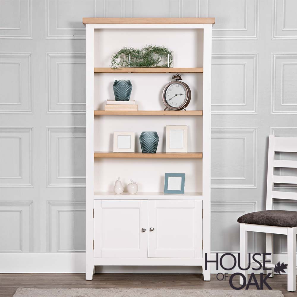 Roma Oak Large Bookcase with 2 Doors in White Painted