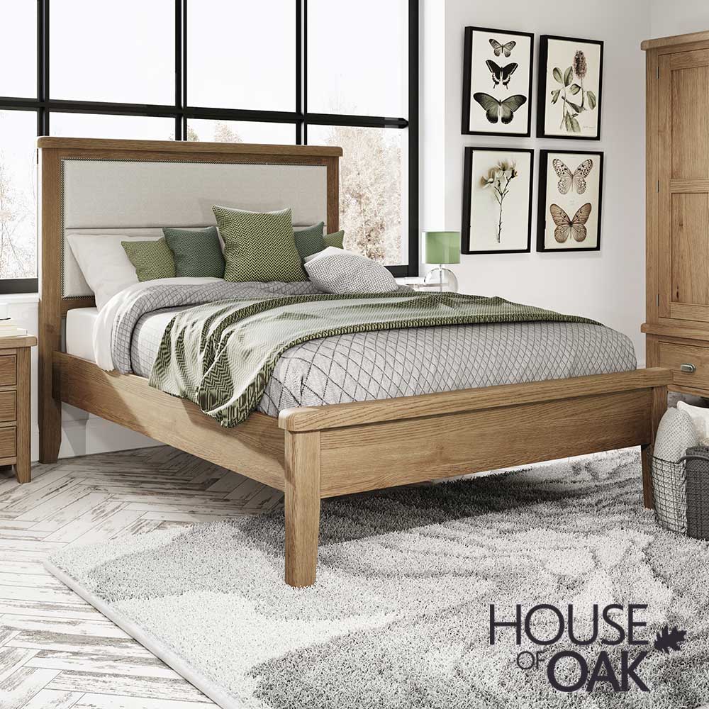 Chatsworth Oak Double Bed With Fabric Headboard and Low Footend