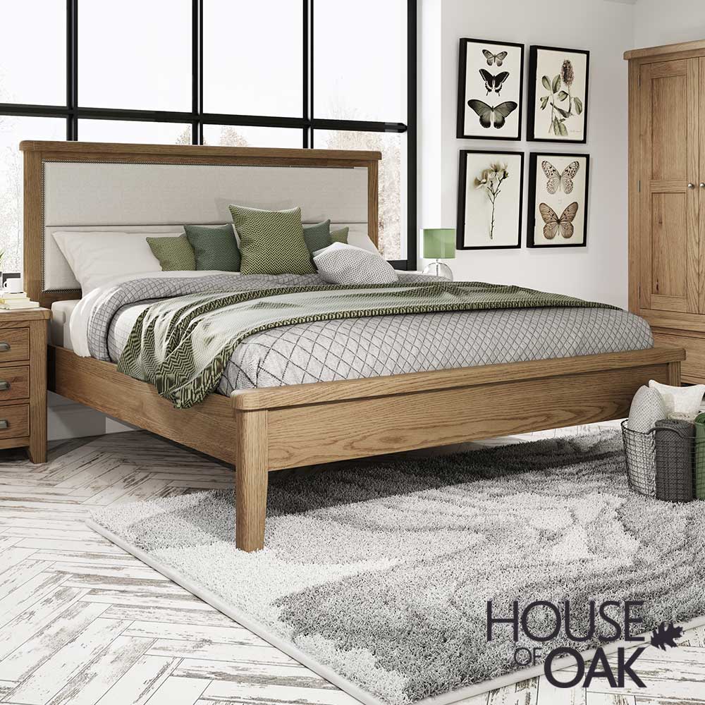 Chatsworth Oak Super King Size Bed With Fabric Headboard and Low Footend