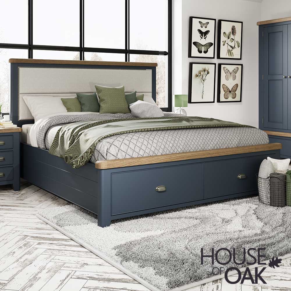 Chatsworth Oak in Royal Blue Super King Size Bed With Fabric Headboard and 2-Drawer Footboard