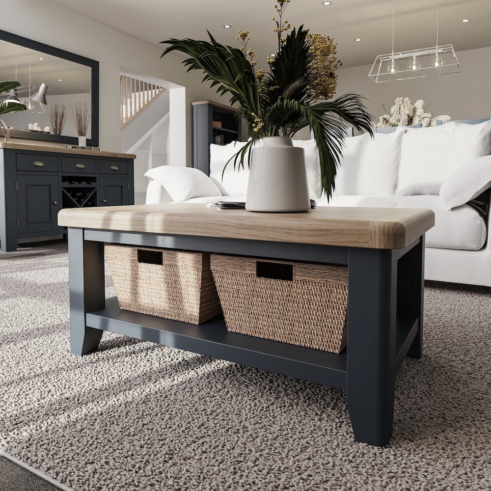 Chatsworth Oak in Royal Blue Coffee Table with Baskets