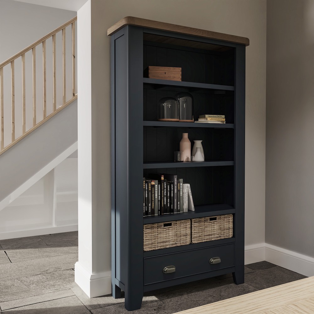 Chatsworth Oak in Royal Blue Large Bookcase with 1 Drawer and Baskets