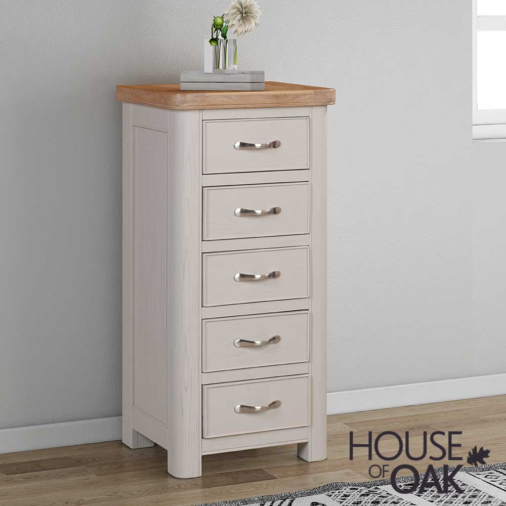 Kensington Putty Grey Painted Oak 5 Drawer Narrow Chest