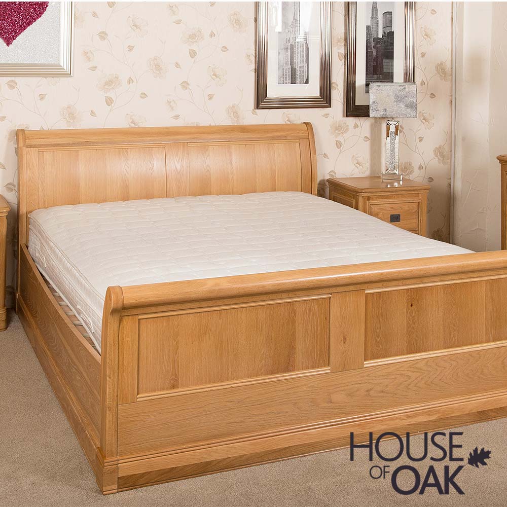 Lyon Oak 6ft Super King Size Sleigh Bed, Wooden Super King Size Bed Frame With Storage