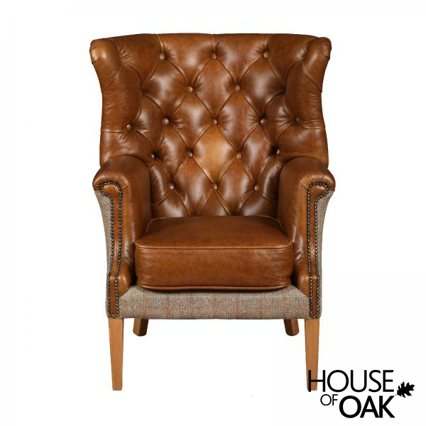 Winchester Chair in Cerato Brown Leather and  Hunting Lodge Harris Tweed